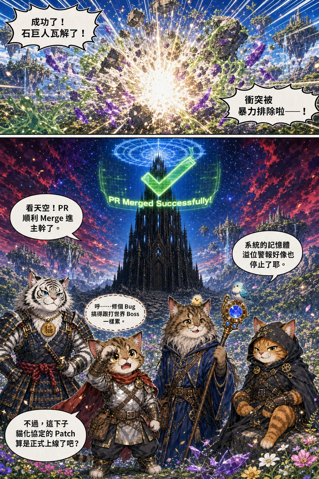 A massive blinding white explosion of energy erupts from the stone golem's chest. The stone golem crumbles into harmless tiny glowing rock fragments. SAMURAI CAT speaks from off-pa