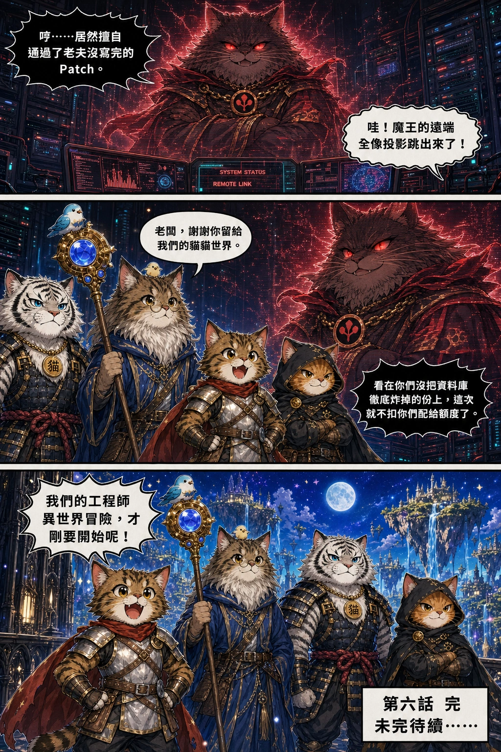 Inside the server control room, a giant crimson holographic shadow projection of DEMON KING CAT (Arasaka Kojiro) with glowing red eyes appears above the main console, arms crossed 