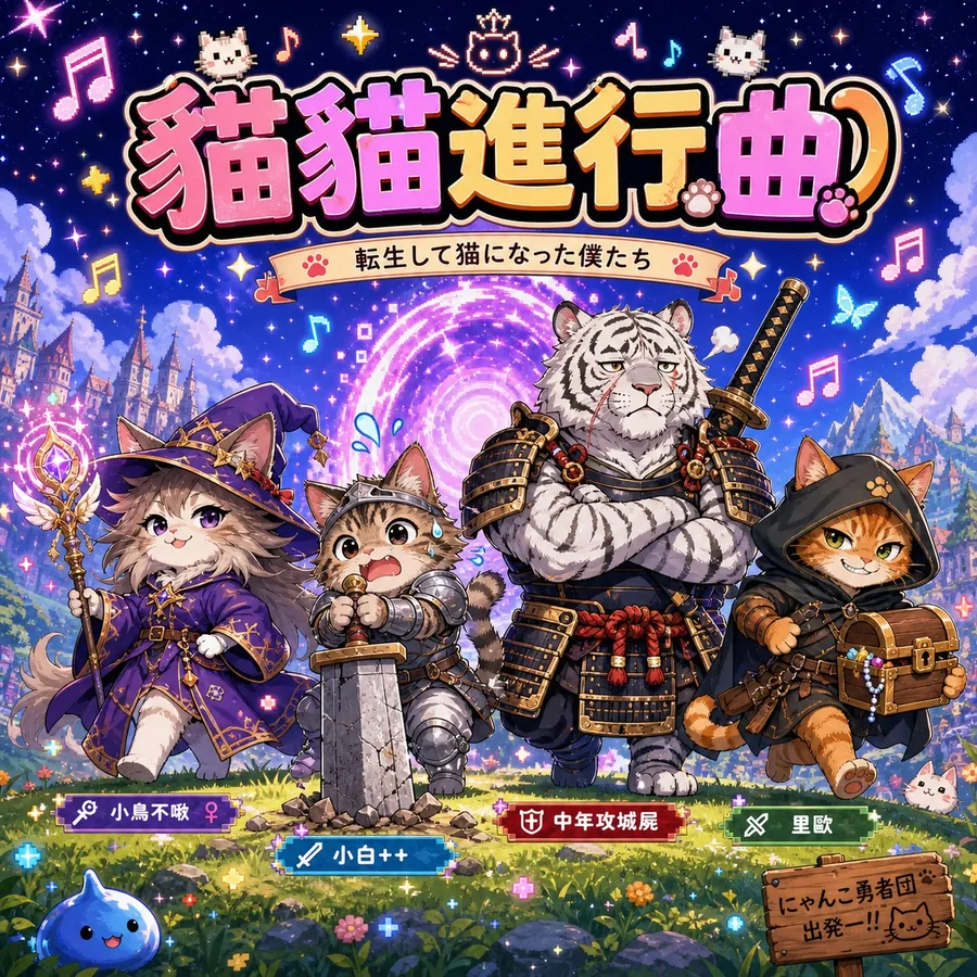 〈貓貓進行曲〉封面：四隻轉生成貓的工程師站在草原上