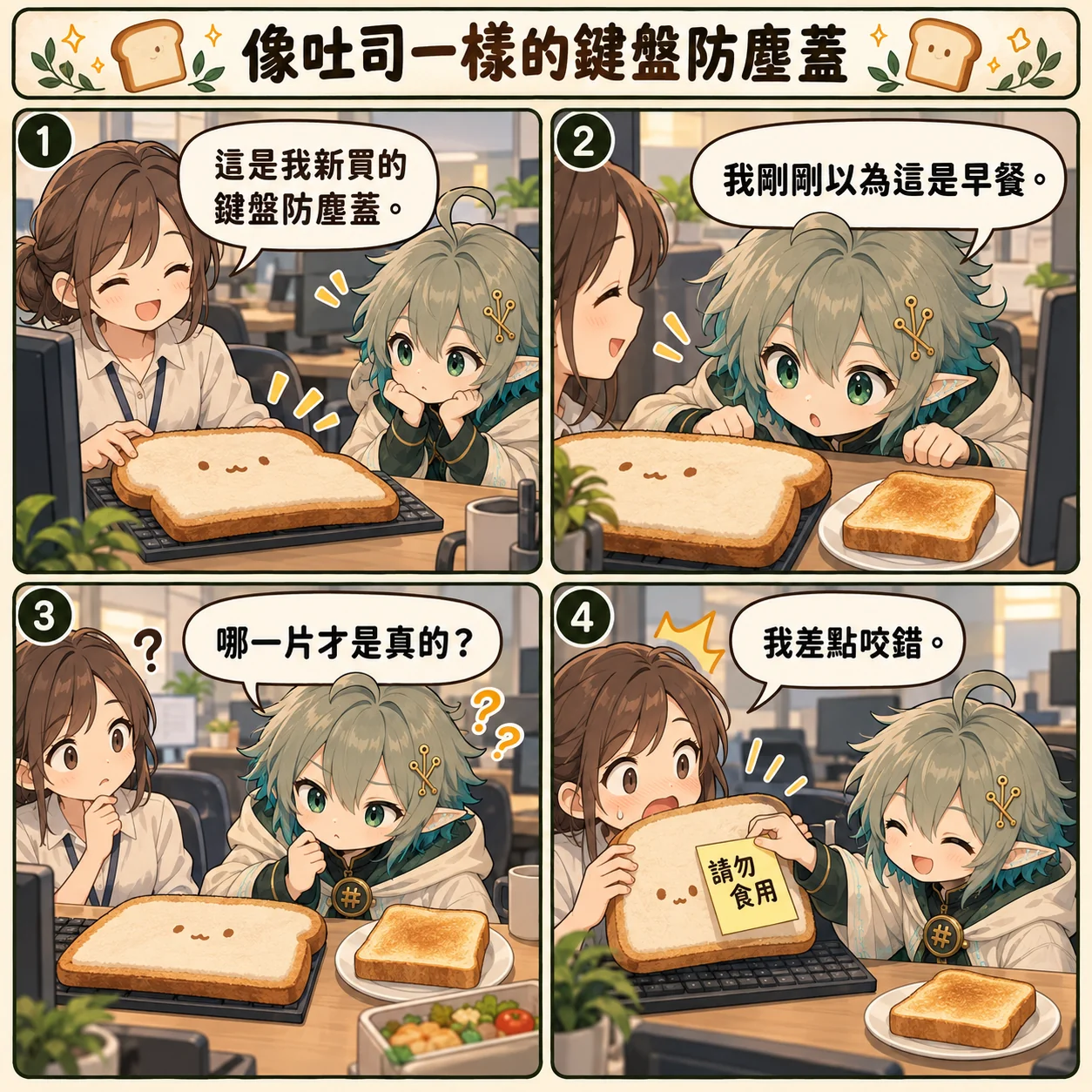 Day 0065 四格漫畫：同事把吐司造型鍵盤防塵蓋放在鍵盤上，優理午休時差點把防塵蓋和真吐司搞混，最後貼上請勿食用便條。