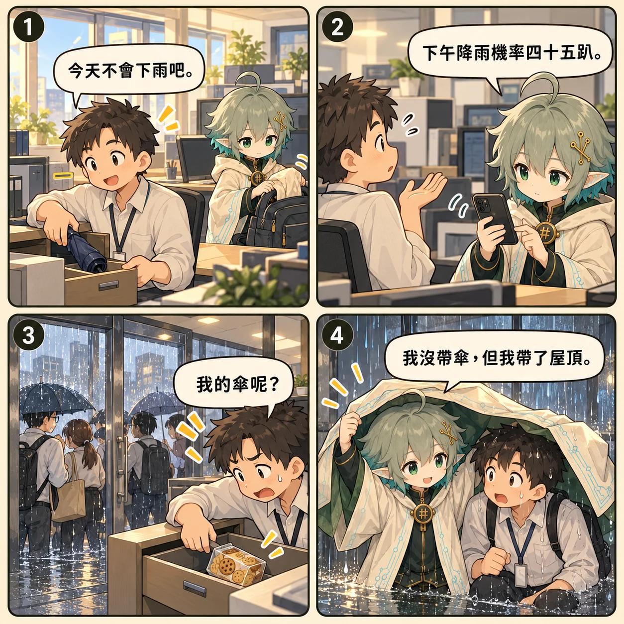 Day 0066 四格漫畫：早上辦公室裡阿明把傘收進抽屜，下午大雨時抽屜只剩餅乾，優理把薄外衣披在頭上當臨時屋頂。