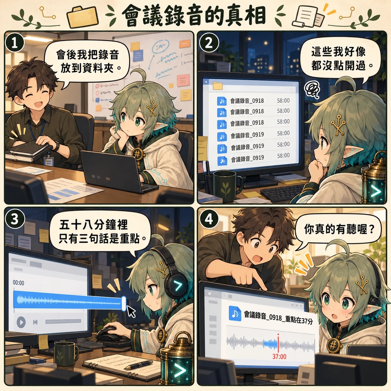 Day 0068 的四格漫畫：散會前同事說會後把錄音放到資料夾，優理晚上打開共用資料夾，發現一整排五十八分鐘、從來沒人點開的會議錄音，他把重點時間補進檔名，隔天同事瞪大眼睛問他是不是真的聽了。
