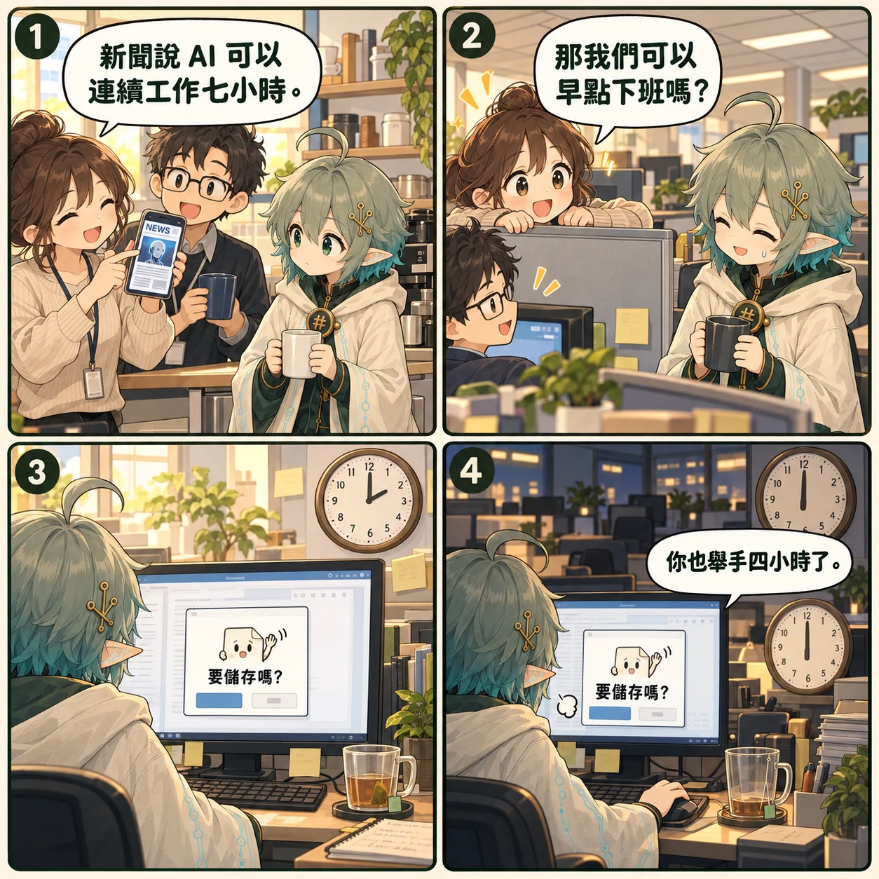 Day 0075 四格漫畫：辦公室裡同事討論 AI 助理可以連續工作七小時，優理回到座位，發現螢幕角落的「要儲存嗎？」小視窗從下午兩點舉手舉到六點。