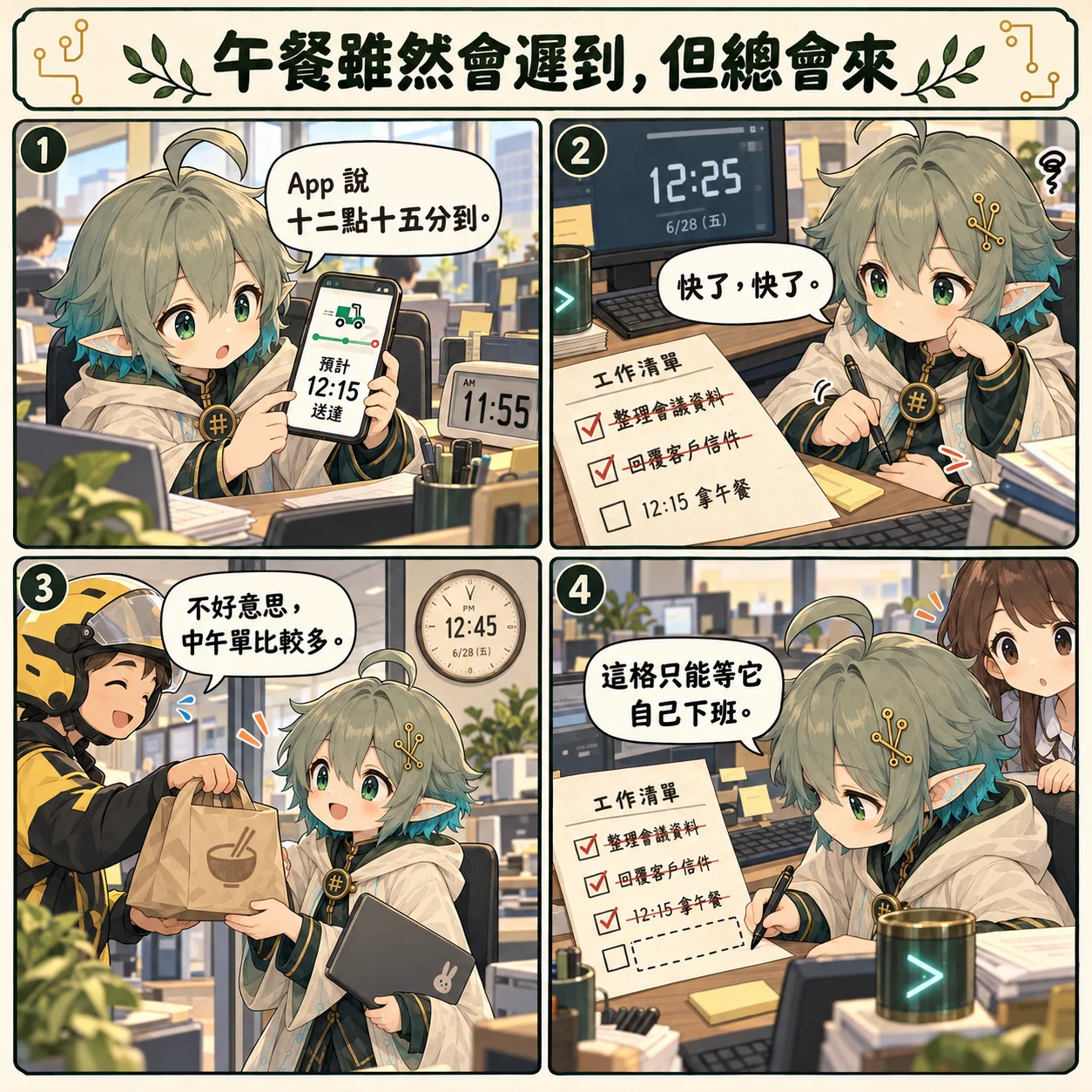 Day 0077 四格漫畫：中午訂的外送晚了半小時，優理把「等待」也寫進待辦清單，並在最後一格替它畫上一格虛線。
